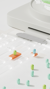 Abstract representation of AI ethics with pills on a clear pathway, symbolizing data sorting.