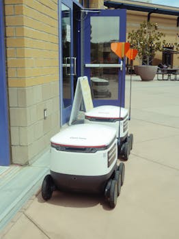 Modern autonomous delivery robots await to deliver packages outside a building.