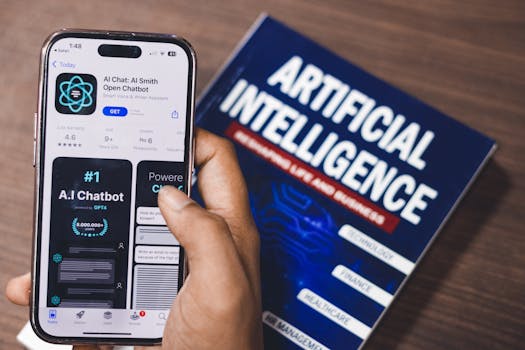 Smartphone displaying AI app with book on AI technology in background.