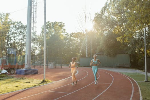 Two women jogging on an outdoor track, enjoying exercise and fitness in the morning sun.