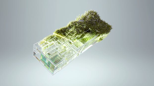 3D render of a glass structure with embedded greenery, symbolizing sustainable technology integration.