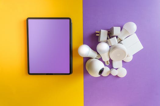 A collection of smart home devices beside a blank tablet on yellow and purple background.