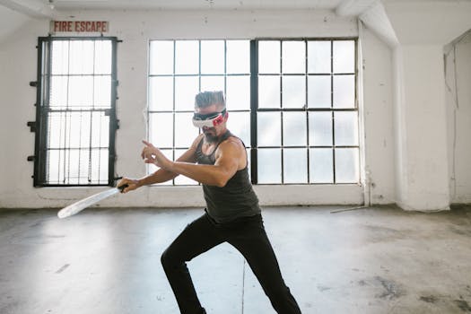 Man with VR headset practicing virtual sword fighting in an industrial-style loft studio. Futuristic workout concept.