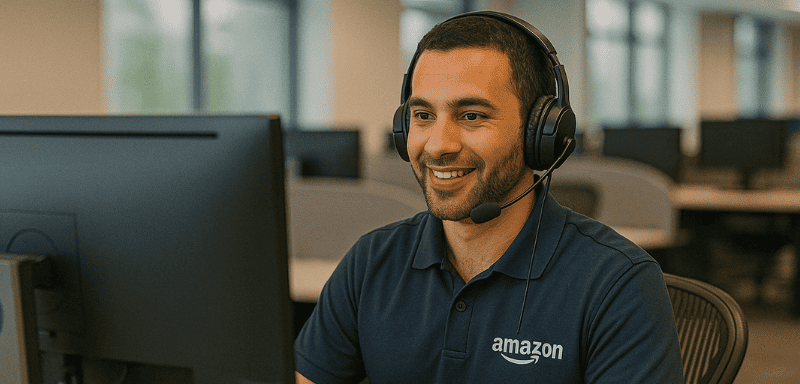 An Amazon employee working in an office.