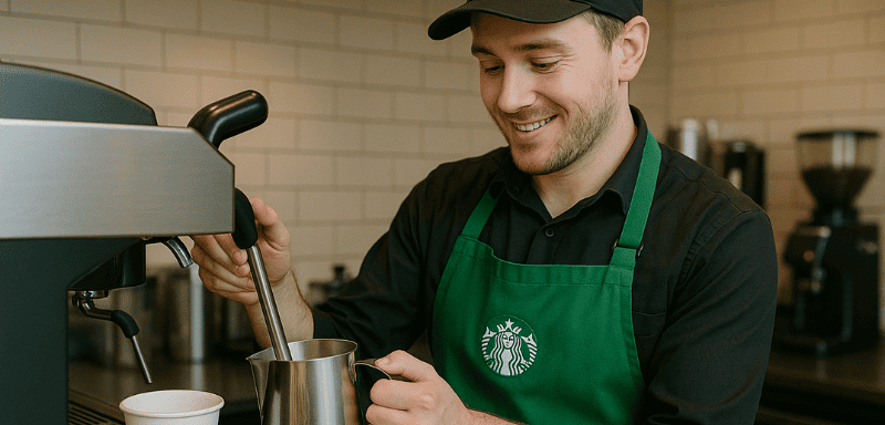 Working at Starbucks.