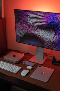 A stylish desk setup featuring Apple devices and a vibrant monitor display, perfect for productivity.