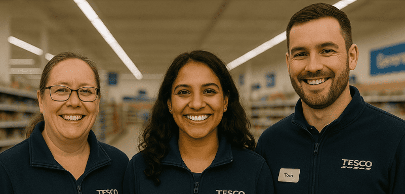 Tesco employees smiling.