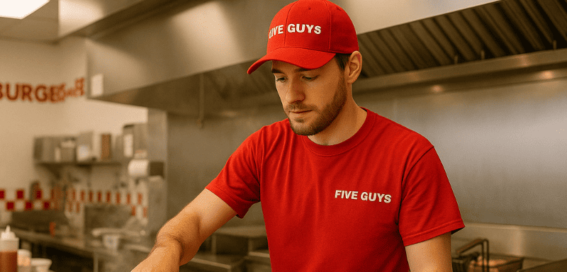 Five Guys employee working.