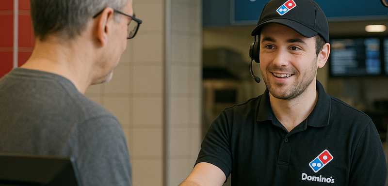 Domino's employee with customer.