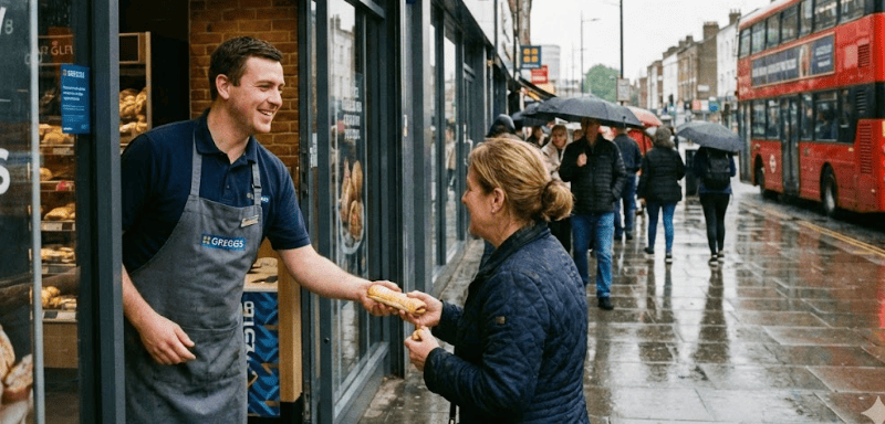 Greggs employee and customer.